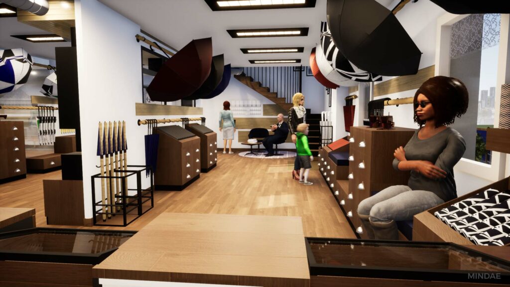 Rendu 3D de l'intérieur d'une boutique de parapluie dont le nom est "H2O Parapluies". L'espace dispose d'un sol en bois clair et de présentoirs élégants affichant divers modèles de parapluies. Plusieurs personnes (clients et vendeuse) sont disposés dans le magasin, dont une femme assise au premier plan à droite et un homme assis au fond près d'un escalier.
