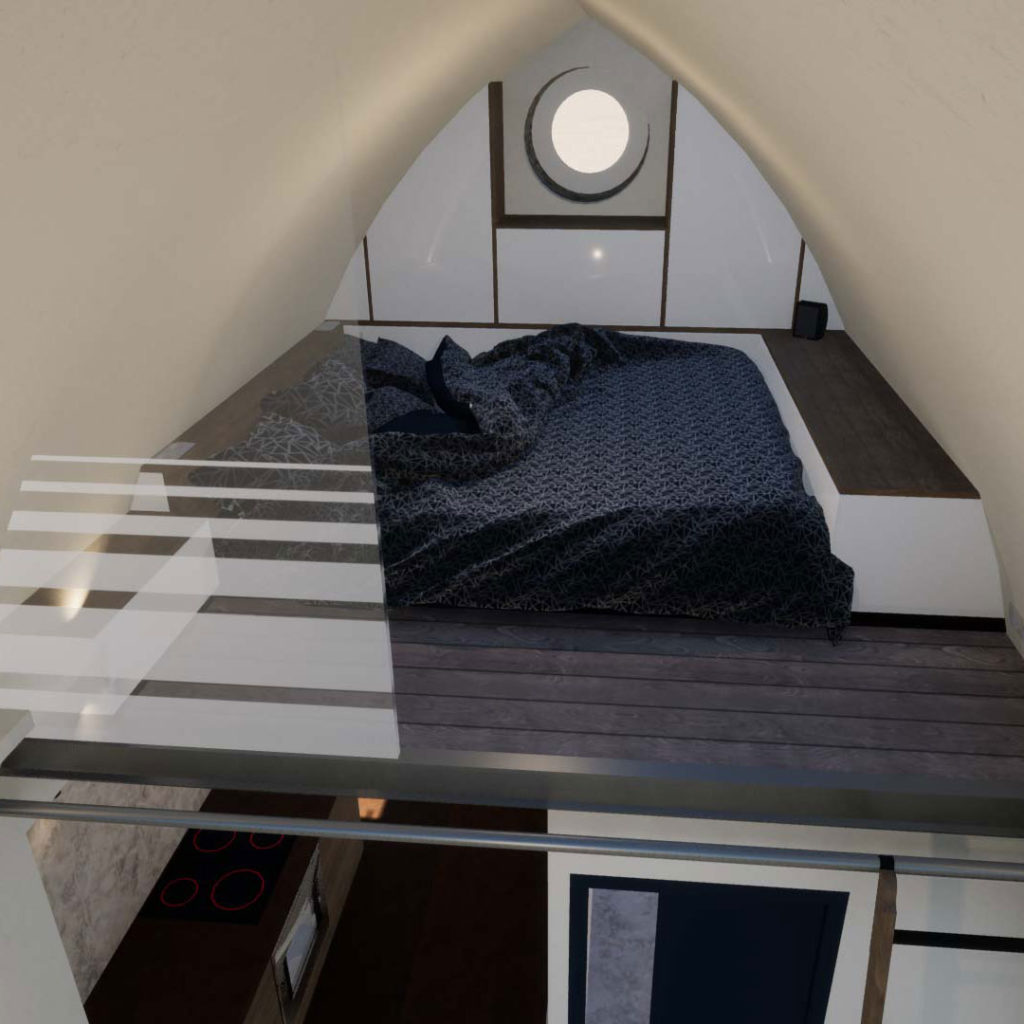Mindae_3D_amenagement_optimisation_cabane_vauban_pierre_normandie_duplex_mezzanine_cuisine_bibliotheque_miniature