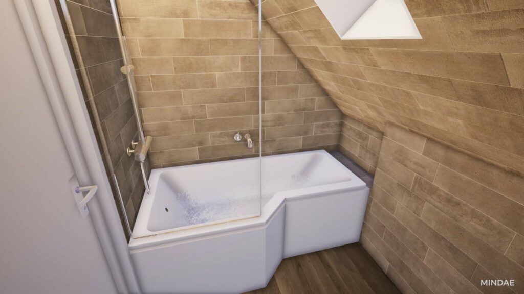 Rendu 3D de salle de bain mansardée avec aménagement moderne